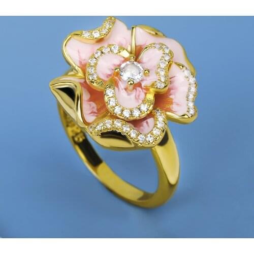 Classic Womens Ring Golden Flower Ring Pink Enamel Jewelry 925 Silver Zircon Flower Ring Bridal Jewelry Handmade Epoxy Enamel