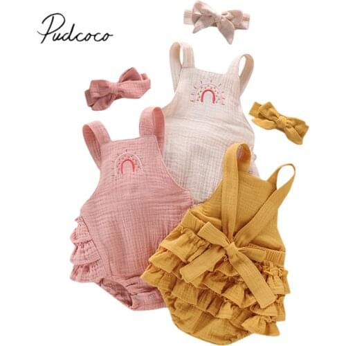 Baby Girls Summer Cotton Linen Clothes, Cartoon Embroidery Rainbow Strap Ruffle Romper with Headband 2Pcs Outfits Set