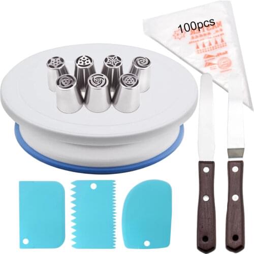 Plastic Cake Stand Turntable Rotating Rack Dough Knife Dispossible Pastry Bags Icing Piping Nozzles Tips Cream Cakes Stand Set