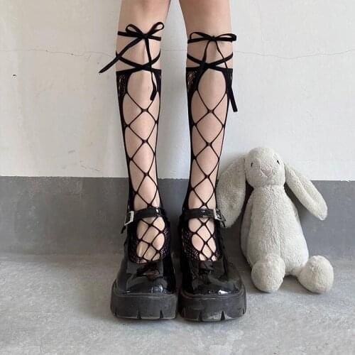 Socks Women Black White Hollow Out Fishnet Stockings Bandage Socks Tights Stockings Frenulum Half Tube Short Womens Stocking