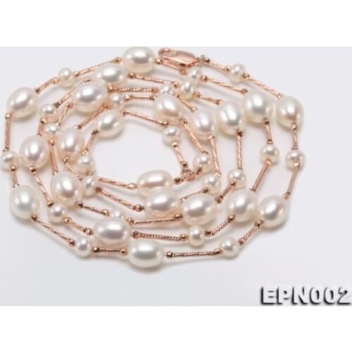 Handmade Charming 38-inch long sweater chain Silver Tube 6-12mm Natural White Freshwater Pearl Necklace