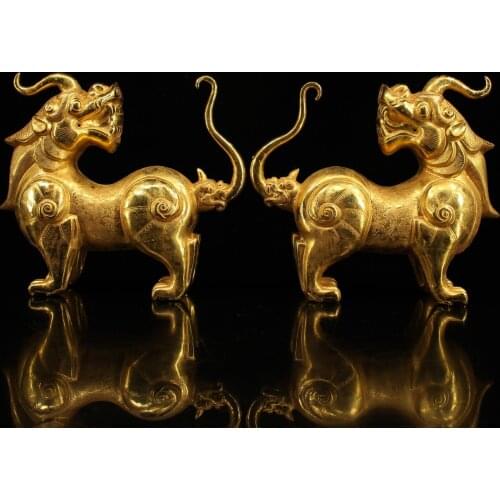 8"Nepal temple collection Old Bronze Gilt Real gold Unicorn statue A pair Gatekeeper Kirin Ornaments Town House Exorcism
