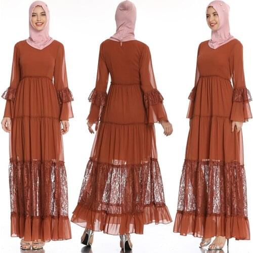 Party Elegant Lace patchwork Chiffon Muslim Abaya Women Long Sleeve Arab Kaftan Maxi Dress (not include Hijab)