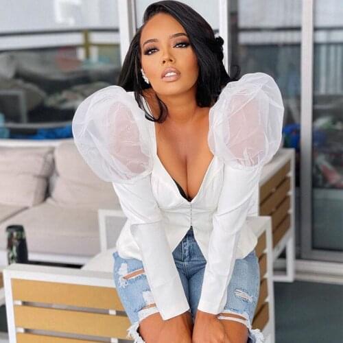 Sexy White Blouse Women Elegant Korean Fashion Style Mesh Puff Sleeve Tops Women 2021 Button Up Shirt Womens Tops and Blouses