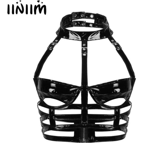 Womens Punk Gothic Vest Wetlook Costumes Clubwear Patent Leather Halter Neck Pole Fashion Cups Cutout Caged Bra Top 2020 New