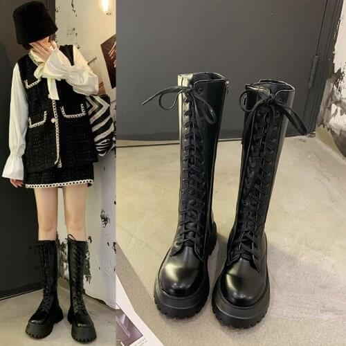 WHNB Chunky Platform Pu Leather Knee High Boots Women Punk Increasing Long Woman Lace Up Booties Mujer 2021 NEW Zip Chelsea