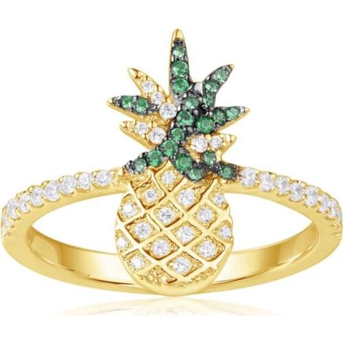 SLJELY New 925 Sterling Silver Yellow Gold Color Cute Fruit Pineapple Ring 5A Cubic Zirconia Women Fine Fashion Party Jewelry