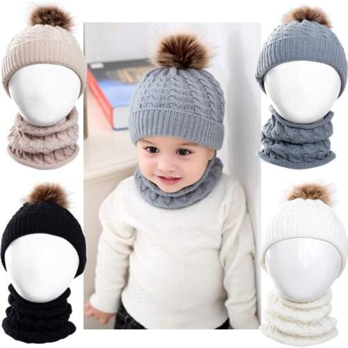 2Pcs Cute Kid Girl Boy Baby Infant Winter Warm Crochet Knit Hat Beanie Cap+Scarf Solid Set
