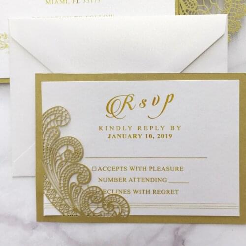 Gold Lace RSVP Cards with Return Envelopes 50pcs Wedding Invitation Response Cards for Wedding Elegant Laser Cutting Covers