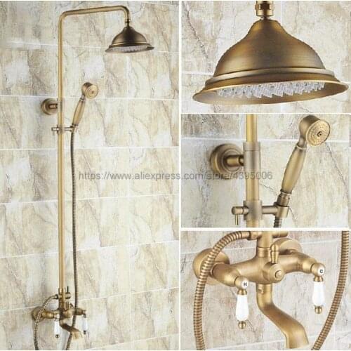 Antique Brass Rain Shower Faucet Set Double Handles Bathroom Mixer Tap Tub Swivel Spout Hand Shower Brs143