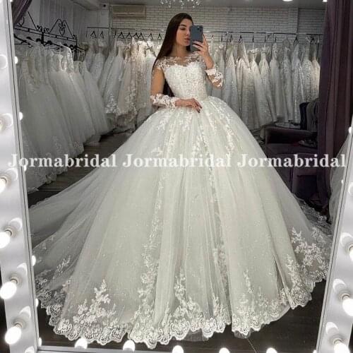 Ball Gown Lace Appliques Wedding Dress 2021 Luxury Corset Glitter Tulle Bride Dresses With Long Sleeves Princess Bridal Gowns