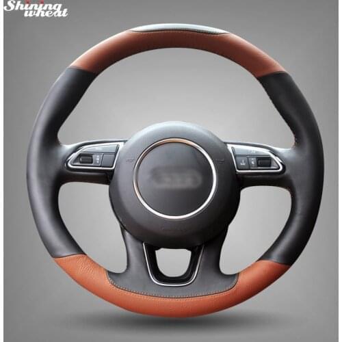 BANNIS Hand-stitched Black Brown Leather Car Steering Wheel Cover for Audi Q3 Q5 2013 2014 2015