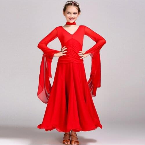 Girls Ballroom Dresses Milk Silk Long Sleeve Modern Dance Costumes For Kids Ballroom Standard Dance Competition Dresses DNV10239