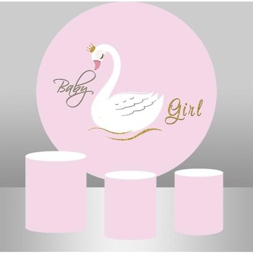 Baby Shower Kids 1st Birthday Round Backdrop Cover Candy table banner Party Decoration Pink Swan Circle Background Elastic