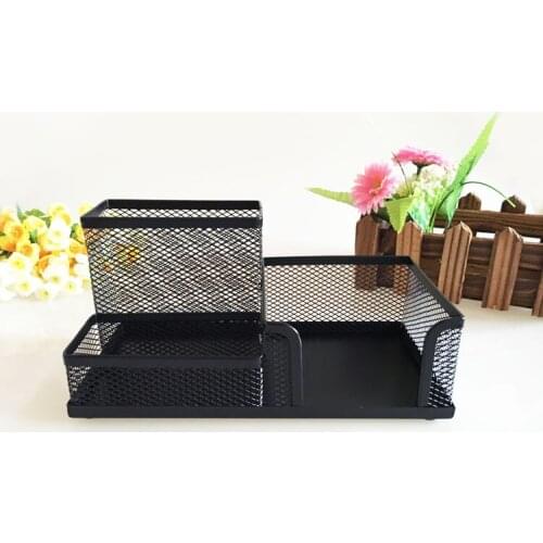 Affordable Students Office Desk 3 Compartments Metal Pen Holder Black