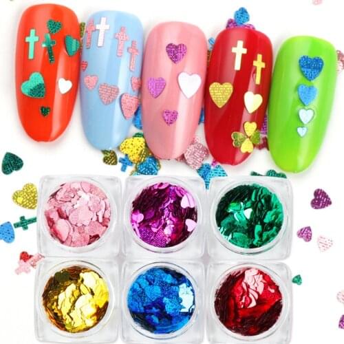 6 Box Holographic Cross Heart Nail Glitter Sequins Nail Chunky Flake Acrylic Manicure Mixed Pieces Decoration Cosmetic 3D Tips