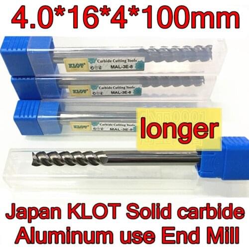 4.0*16*4*100mm Petiole 4 mm 2pcs/set Japan KLOT 3F Solid carbide Aluminum use End Mill CNC Tools Free shipping