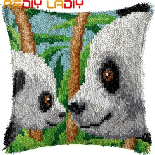 Latch Hook Cushion Panda of Love Pillow Case Printed Color Canvas Acrylic Yarn Latched Hook Pillow Crochet Cushion Cover Kits