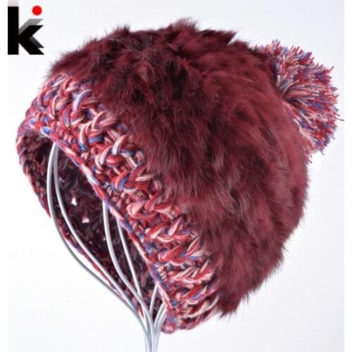 2018 Fashion womens rabbit fur winter beanie hat knitted skis cap female thick warm wool beanies caps rex hats for women