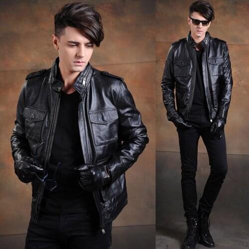 MENS Spring, Autumn and Winter Genuine Leather Clothes Stand Collar Cow Leather Biker Jacket Short Men Hunting Coat Plus Size
