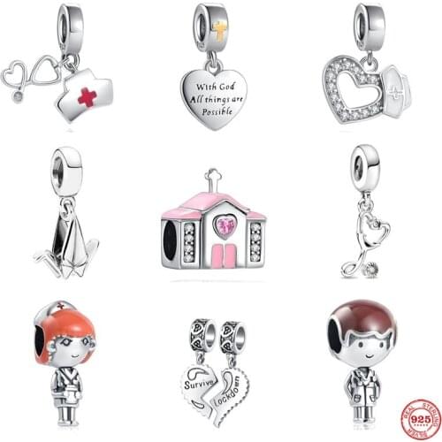 New Original 925 Sterling Silver Paper Crane Charm Church Doctor Nurse Bead Suitable For Ladie Pandora Bracelet DIY Jewelry Gift