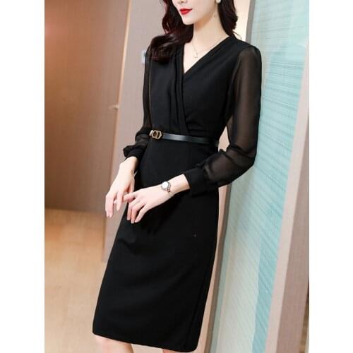 2021 Spring Autumn Women Dresses Fashion V-neck Silk Sleeve OL Office Ladies Work Dress Women Elegant Black Pencil Dress Midi