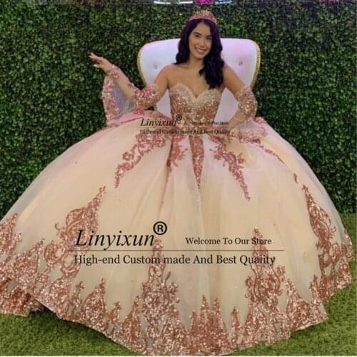 Rose Gold Sparkly Quinceanera Dresses 2021 Modern Sweetheart Lace Applique Sequins Ball Gown Tulle Vintage Evening Party Gown