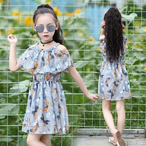 Teens Girls Dress Butterfly Print Princess Elegance Chiffon Sleeveless Party Flower Dress Cute Kids Beach Dresses