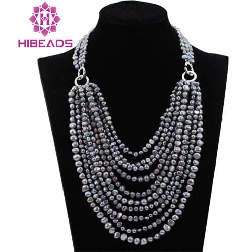 Fabulous Grey Gray Baroque Freshwater Pearl Necklace 10 Layers Pearl Beads Bib Wedding Necklace for Women Free Shipping FP153