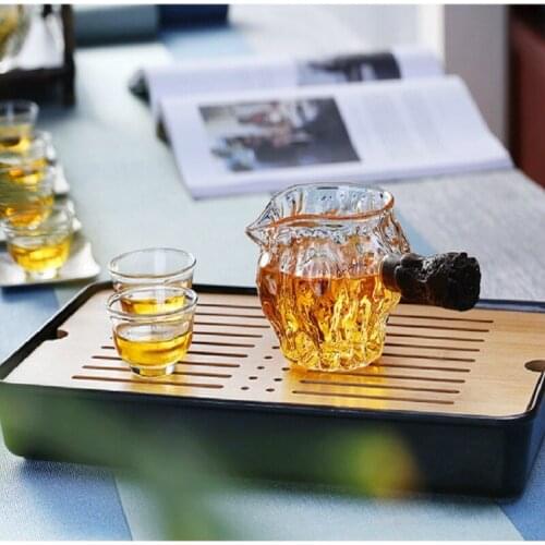 Glass Kung Fu Tea Cup with Dispenser Wood Handle Thickened Heat-Resistant Fair Tea Pot Set Home Kitchen Dining Bar Accessories