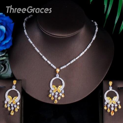 ThreeGraces Beautiful Yellow Cubic Zircon Stone Big Long Butterfly Dangle Earrings Choker Necklace Sets For Women Wedding JS097