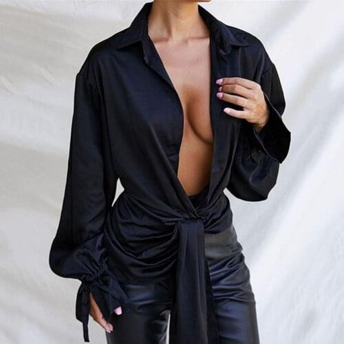 Women Shirt Black Sexy V Neck Petal Sleeve Blouses Woman Fashion 2021 Elegant Bandage Irregular Loose Shirts Casual Solid Tops