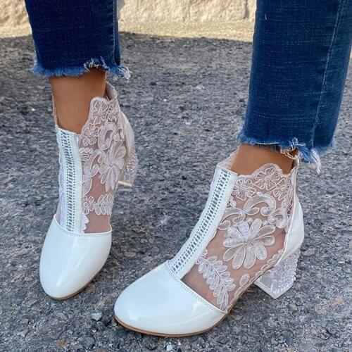 Rimocy Sexy Black Mesh Embroider Ankle Boots for Women Summer New Crystal Square Heels Boots Woman Round Toe Lace Short Botas