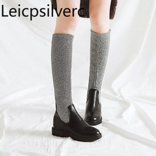 Womens Boots Autumn And Winter The New fashion Round head Low-heeled Internal increase High tube Womens shoes plus size 34-43