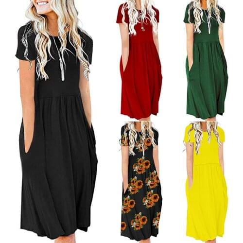 Womens Summer Sunflower Elegant Dress Loose Mid-Length O-Neck Pocket Plus Size Fashion Midi Dress Sundress Vestidos