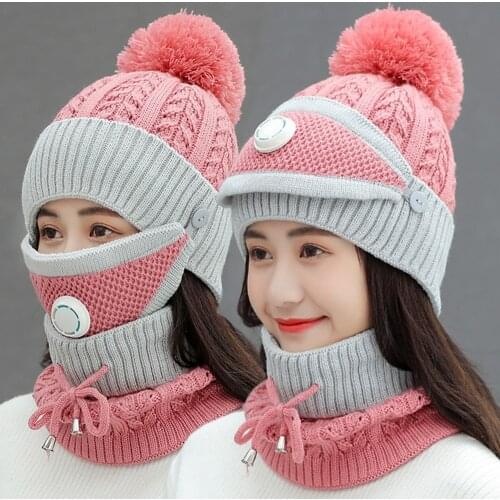 2020 Winter knitted Hat For Women Beanies New Thickening Ear Protection Camping Knitted Hat Mask Hiking Scarves Pink Red Sets