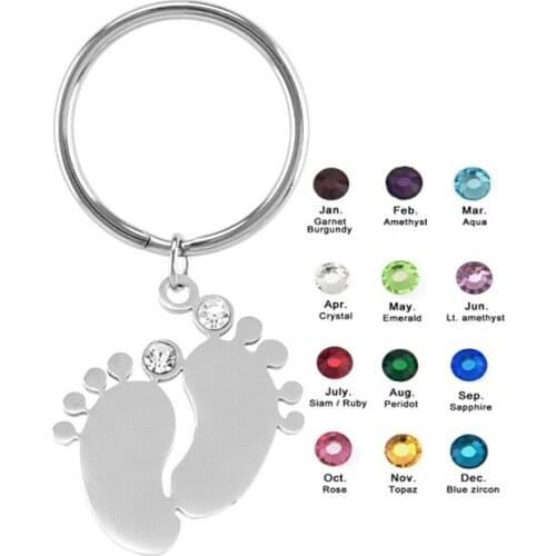 100% Stainless Steel Key Chain Baby Foot Charm With Rhinestone Toe Key Ring Personalize Mirror Polished Wholesale 100pcs