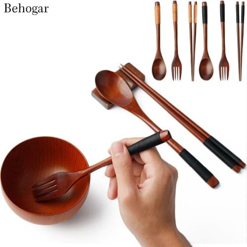 Behogar 3 PCS Wooden Set Japanese Style Tableware Chopsticks Fork Teaspoons Dinnerware Cutlery for Home Kitchen Restaurant