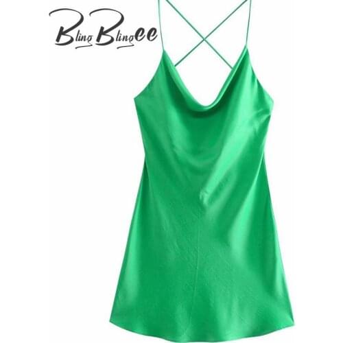 BlingBlingee Green Satin Slip Party Dress 2021 Summer Sleeveless Draped Collar Cross Back Spaghetti Strap Women Mini Dress