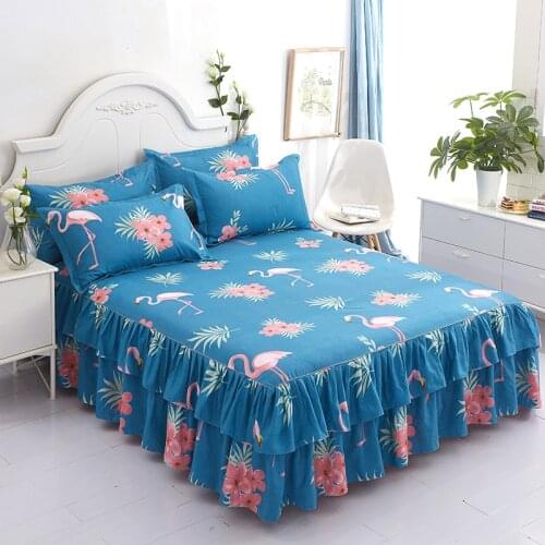 Flower Flamingo Pattern Polyester Ruffled Bedspreads Bed Skirt Queen Set Christmas Decor Sheet Covers Bedclothes Bed Bedding