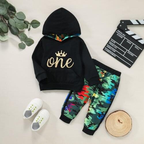 Emmababy 2Pcs Little Boys Girls Outfit Autumn Toddlers Crown Letter Printing Long Sleeve Hooded Tops Camouflage Long Pants Set