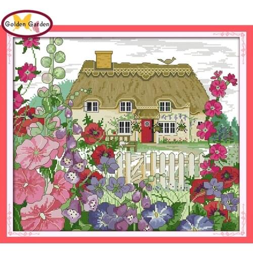 GG Morning Glory Hut Joy Sunday Cross Stitch Handcraft Needlepoint Kit Stamped Canvas Chinese Cross Stitch Set for Home Decor