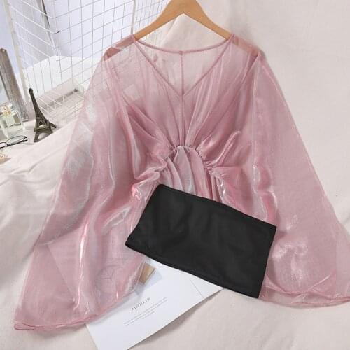 HISUMA Summer Women V-Neck Pullover Batwing Sleeve Basic Chic Shirt Lady Elastic Slim Waist Bling Mesh Gauze Ruffles Blouse Tops