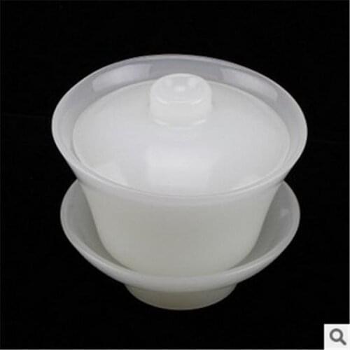 China handmade jade carving Natural White Jade Cover a bowl Exquisite jade tea set