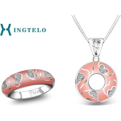 XINGTELO Ring Pendant 925 Sterling Silver Jewelry Set for Women Round Pendant Necklace Pink Ring Wedding Accessories