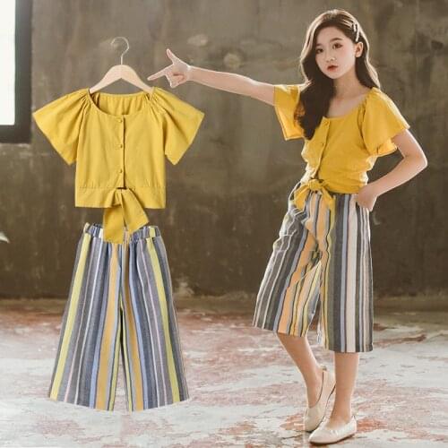 Kids Girls Clothing Set 2020 Summer Fashion Bell Sleeve Top + Striped Pants Casual 2Pcs Set Boutique Outfits Big Girls Clothes