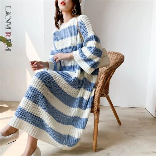 LANMREM Stripe Crew Neck Pullover Sweater Women 2020 autumn winter New Loose Large Size Vintage Long Knit Dress Female PC442