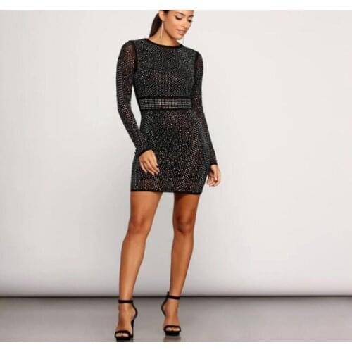 Hot Drilling Rhinestones Dresses Women 2021 Autumn Long Sleeve Mesh See Through Mini Club Dress Ladies Sheer Party Bodycon Dress