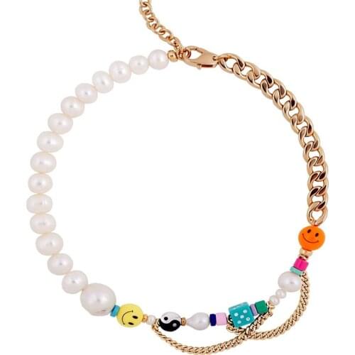 Chunky stainless steel chain Freshwater Pearl Charm evil eye bead shell gossip resin square dice choker necklaces women jewelry