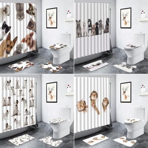 Cute Cats Dogs Waterproof Shower Curtain Funny Animals Children Bathroom Curtains Anti-slip Mat Rug Toilet Decor Bath Mats Sets